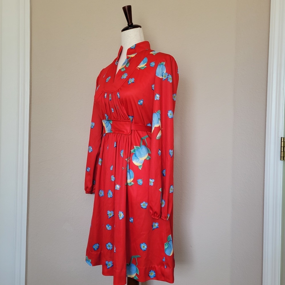 Vintage Red Fit N Flare Dress Size M Prairie Cottagecore Floral 70s Long Sleeve - Picture 2 of 12